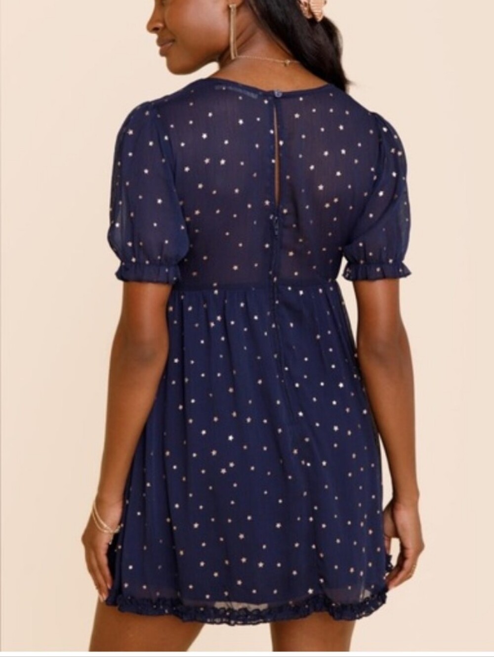 Francescas Collection - Mi Ami Navy Blue & Gold Stars Babydoll Dress Medium - Picture 2 of 6